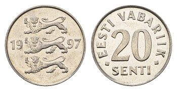 Эстония 20 сентов 1997 KM 23a сталь плакированная никелем UNC 4689-668