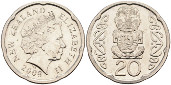 Новая Зеландия 20 центов 2008 Елизавета II (1952-2022), идол Пукаки KM 118а никелированная сталь 4579-1225