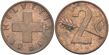 Швейцария 2 раппена 1969 KM 47 бронза 4592-612