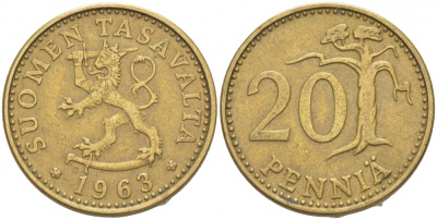 ФИНЛЯНДИЯ 20 ПЕННИ 1963 S ПЕРВЫЙ ГОД KM 47 алюминиевая бронза 3718-1155