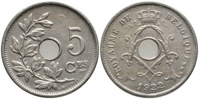 БЕЛЬГИЯ 5 САНТИМОВ 1922 BELGIQUE KM 66 медно-никель 76-529