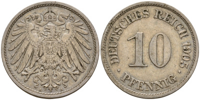 Германия 10 пфеннигов 1905 A J. 13,  KM 12 медно-никель    4603-653