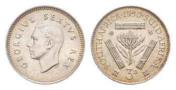 ЮАР 3 пенса 1950 Георг VI (1936-1952) KM 35.1 серебро UNC 413-3544