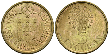Португалия 5 эскудо 1990 KM 632 никель латунь 4148-447