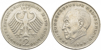 ФРГ 2 МАРКИ 1977 D, КОНРАД АДЕНАУЭР KM 124, J. 406 медно-никель плакированный никелем 3856-253