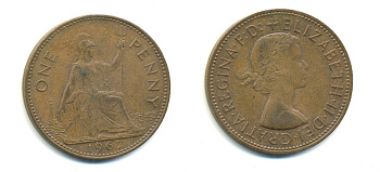 Великобритания 1 пенни 1967 Елизавета II (1952-2022) KM 897, Spink 4157 бронза 59-945