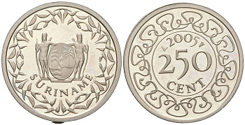 Суринам 250 центов 2005 KM 24 медно-никель PROOF 1523-1041