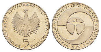 ФРГ 5 марок 1982 F, 10 лет конференции ООН по окружающей среде KM 157 медно-никелевый сплав с никелевым покрытием UNC 4599-1235