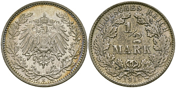 ГЕРМАНИЯ 1/2 МАРКИ 1918 E J. 16, KM 17 серебро UNC 65-314