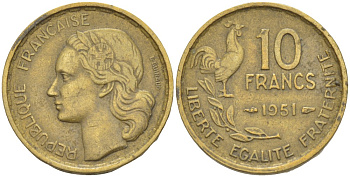 Франция 10 франков 1951 петух KM 915.1, Le Franc 363.4 алюминиевая бронза 4525-952