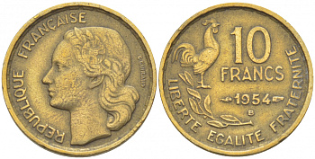 Франция 10 франков 1954 В, петух KM 915.2, Le Frank 363.11 алюминиевая бронза 3309-1125