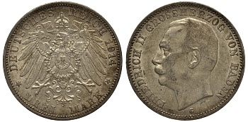 Баден 3 марки 1914 Фридрих II (1907-1918) J. 39, KM 280 серебро    3711-1743