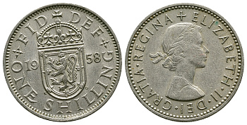 Великобритания 1 шиллинг 1958 Елизавета II (1952-2022), Шотландский герб KM 905, Spink 4148 медно-никель 4384-637