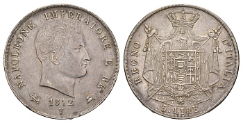 Италия 5 лир 1812 V, Наполеон (1805-1814) KM 10.6 серебро 00-810-86