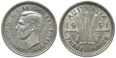 Австралия 3 пенса 1951 m, Георг VI (1937-1952), без букв KM 44 серебро 71-269