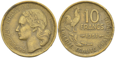 Франция 10 франков 1951 петух KM 915.1, Le Franc 363.4 алюминиевая бронза 4525-952