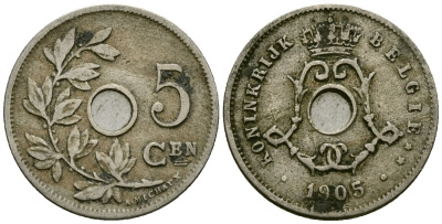 Бельгия 5 сантимов 1905 Belgie KM 55 медно-никель 4173-136
