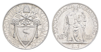 Ватикан 1 лира 1947 MCMXLVII, Пий XII KM 40 алюминий 1529-1021