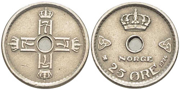 НОРВЕГИЯ 25 ЭРЕ 1924 ХОКОН VII (1905-1957) KM 384 медно-никель 116-1115