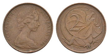Австралия 2 цента 1966 Елизавета II (1952-2022), плащеносная ящерица KM 63 бронза 4585-1039