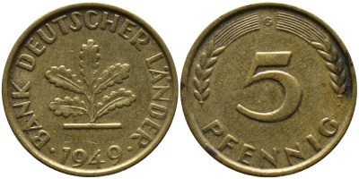 ФРГ 5 ПФЕННИГОВ 1949 G KM 102, J. 377 сталь плакированная латунью 261-1623