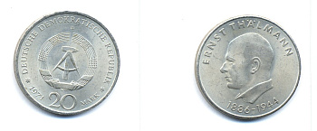 ГДР 20 марок 1971 A, 85 лет со дня рождения Эрнста Тельмана KM 34, J. 1535 медно-никель 3333-543