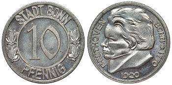 Германия, Бонн 10 пфеннигов 1920 Бетховен, Северный Рейн-Вестфалия, нотгельд Funck 51.1A железо 4119-512