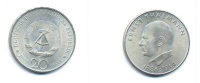 ГДР 20 марок 1971 A, 85 лет со дня рождения Эрнста Тельмана KM 34, J. 1535 медно-никель 3333-543