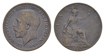 Великобритания 1 фартинг 1917 Георг V (1910-1936) KM 808.1, Spink 4059 бронза 4651-1162