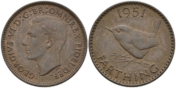 Великобритания 1 фартинг 1951 Георг VI (1936-1952) KM 867, Spink 4119 бронза 4596-1011