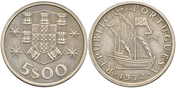 ПОРТУГАЛИЯ 5 ЭСКУДО 1972 ПАРУСНИК KM 591 медно-никель 4523-544