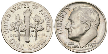 США 10 центов (дайм) 1974 S (Сан-Франциско), Франклин Рузвельт KM 195a медь плакированный медно-никелем PROOF 4516-1018