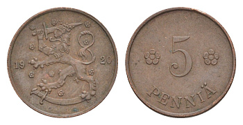 Финляндия 5 пенни 1920 KM 22 медь 4636-427