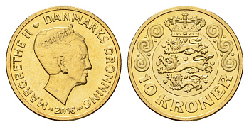 Дания 10 крон 2016 NR, Маргрете II (1972-2024) KM 954 алюминиевая бронза UNC 117-517