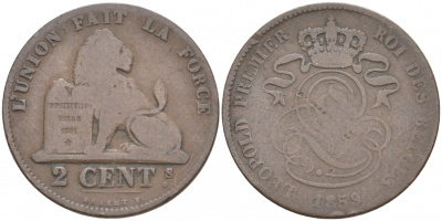 БЕЛЬГИЯ 2 САНТИМА 1859 BELGES KM 4.2 медь 73-1735