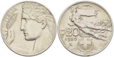 ИТАЛИЯ 20 ЧЕНТЕЗИМО 1920 R, ВИКТОР ИММАНУИЛ III (1900-1946) KM 44 никель 4519-633