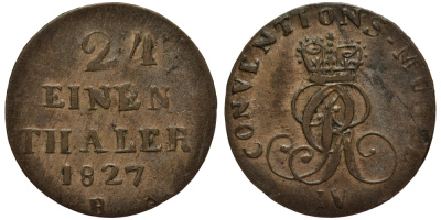 ГАННОВЕР 1/24 ТАЛЕРА 1827 B, ГЕОРГ IV (1820-1830) KM 141 серебро 1517-743