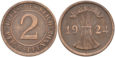 Германия 2 рейхспфеннига 1924 А KM 38, J. 314 бронза 4589-122