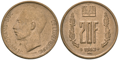 Люксембург 20 франков 1983 герцог Жан (1964-2000) KM 58 алюминиевая бронза 4448-733