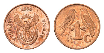 ЮАР 1 цент 2000 герб, капские воробьи KM 221 сталь плакированная медью UNC 4694-152