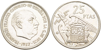 ИСПАНИЯ 25 ПЕСЕТ 1957 (75) ФРАНСИСКО ФРАНКО ДИКТАТОР ИСПАНИИ ( 1939- 1975) KM 787 медно-никель 4185-812