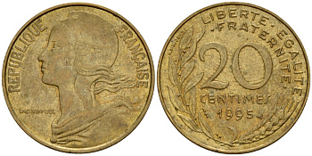 Франция 20 сантимов 1995 тип Marianne KM 930, Le Franc 156.39 медь алюминий никель  4393-1147