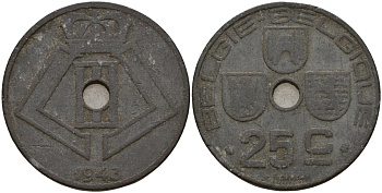 Бельгия 25 сантимов 1943 Belgie - Belgique, Леопольд III (1934-1947), германская оккупация, Вторая мировая война KM 132 цинк 4157-535