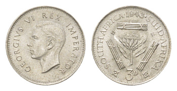ЮАР 3 пенса 1943 Георг VI (1936-1952) KM 26 серебро 4623-462