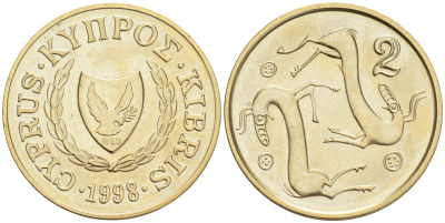 Кипр 2 цента 1998 антилопы KM 54.3 никель латунь UNC 192-836