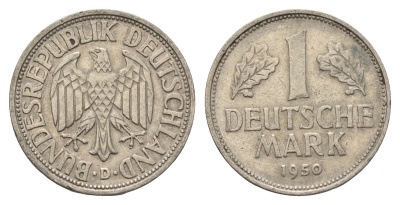 ФРГ 1 марка 1950 D KM 110, J. 385 медно-никель 4698-1236