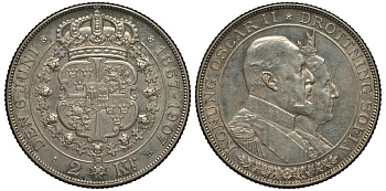 Швеция 2 кроны 1907 Оскар II (1872-1907) король Швеции, золотая свадьба KM 776 серебро 1515-1013