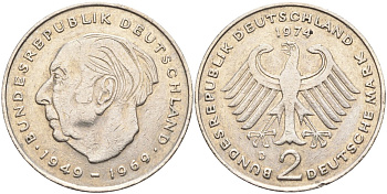 ФРГ 2 марки 1974 D , Теодор Хойс, 20 лет Федеративной Республике (1949-1969) KM A127, J. 407 медно-никель плакированный никелем 4139-213