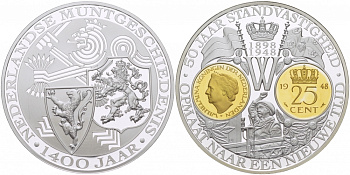 НИДЕРЛАНДЫ МЕДАЛЬ 1400 ЛЕТ НИДЕРЛАНДСКОМУ МОНЕТНОМУ ДЕЛУ, 50 ЛЕТ ПРАВЛЕНИЯ ВИЛЬГЕЛЬМИНЫ серебро позолота PROOF 04-092-13