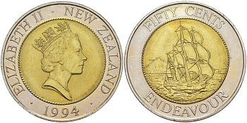 Новая Зеландия 50 центов 1994 Елизавета II (1952-2022), парусник Индевор KM 90 биметалл UNC 1522-1342